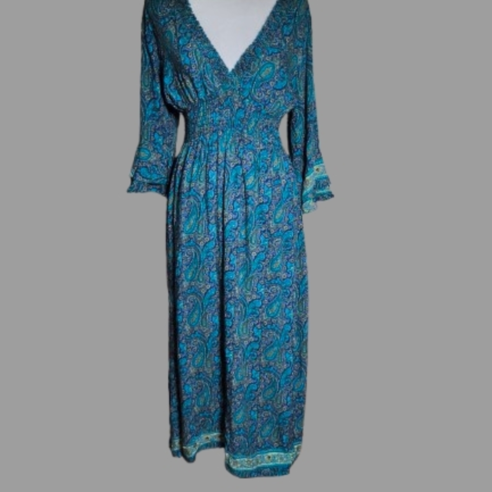 Seven  Island Bohemian Dress Turquoise/Yellow/Blue Midi Sz S Rayon Vibrant Edgy